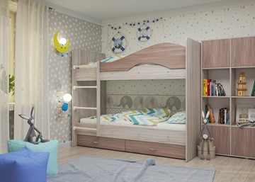 Двухъярусная детская кровать Мая с 2 ящиками на щитах, корпус Шимо светлый, фасад Шимо темный в Нарьян-Маре