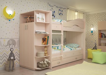 Детская 2-этажная кровать Мая на щитах со шкафом и ящиками, цвет Млечный дуб в Нарьян-Маре