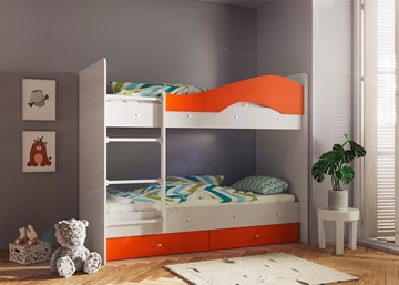 Детская 2-х ярусная кровать Мая с 2 ящиками на щитах, корпус Млечный дуб, фасад Оранжевый в Нарьян-Маре