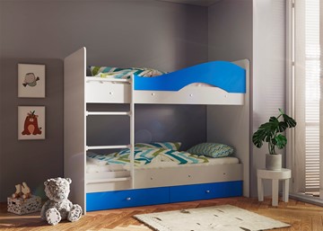 Двухъярусная кровать Мая с 2 ящиками на щитах, корпус Млечный дуб, фасад Синий в Нарьян-Маре