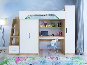 Кровать-чердак в детскую с шкафом Тея, каркас Ясень, фасад Белый в Нарьян-Маре